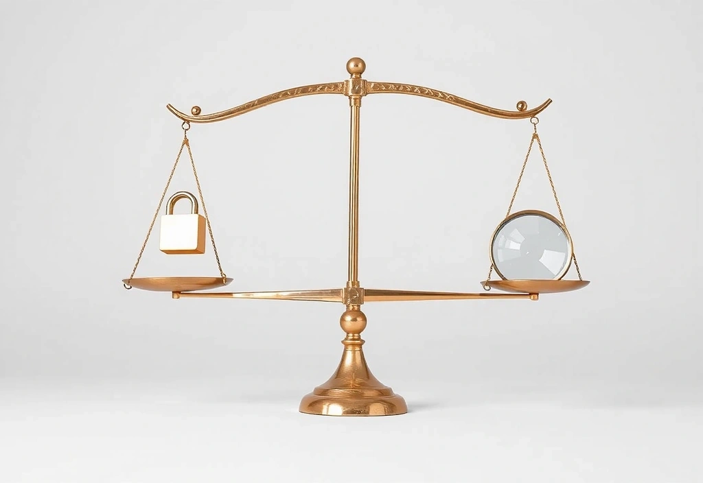 A scale balancing a lock and a magnifying glass.