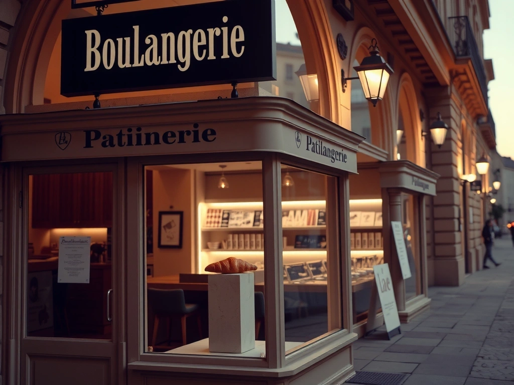 A historic Parisian patisserie at dusk with a minimalist modern interior display